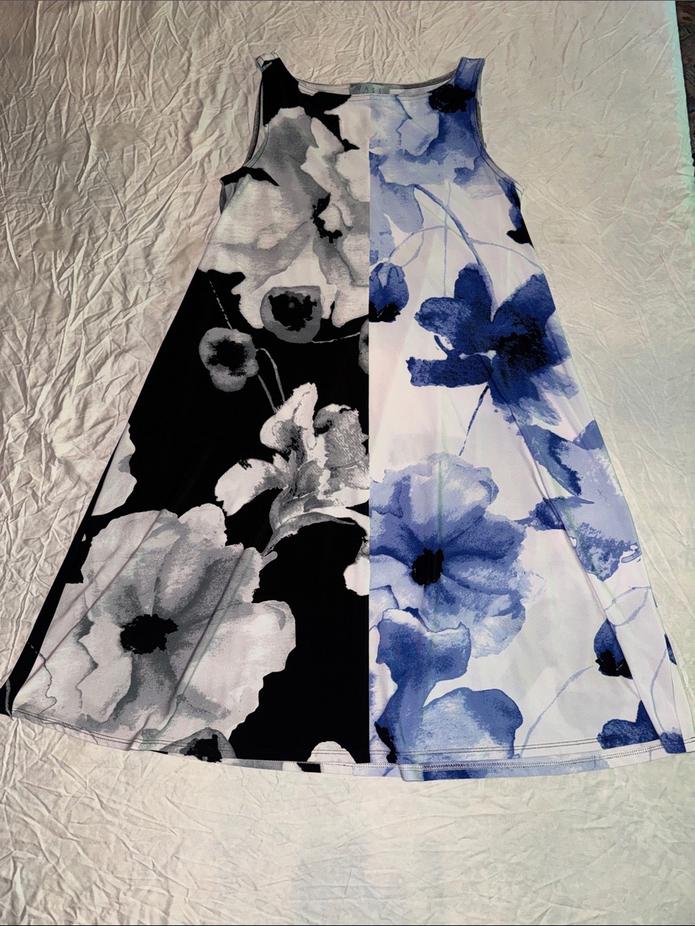 Joan Vass Split Floral Sleeveless Shift Dress M Blue Black White